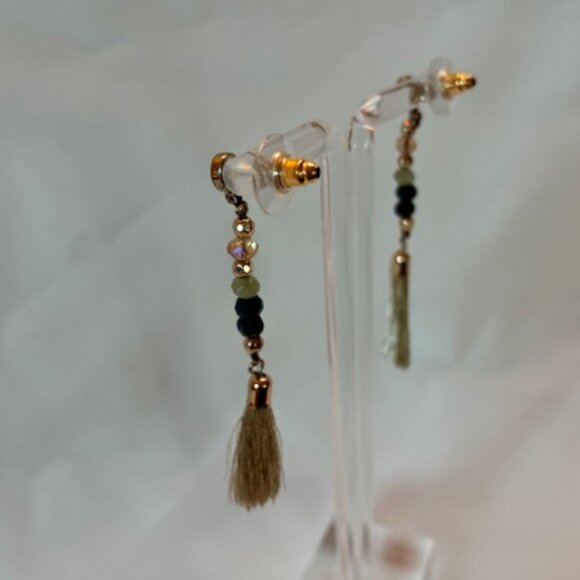 Earrings - dangling with black and gold beads and gold tassel at bottom. - Picture 2 of 3